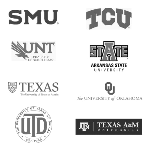 Schools Event Experts works with: SMU, TCU, University of North Texas, Arkansas State, University of Texas at Austin, University of Oklahoma, UT Dallas and Texas A&M